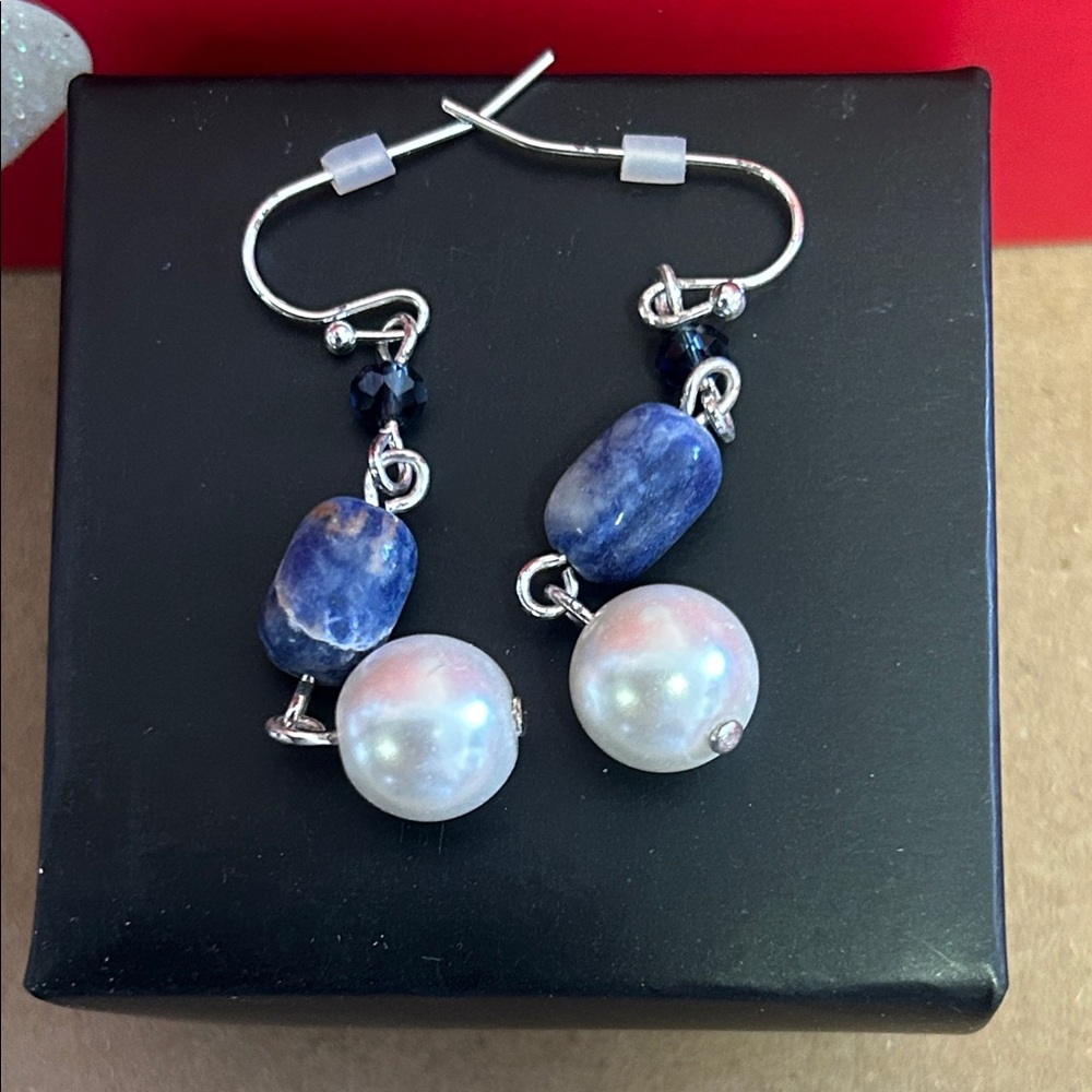 Blue Stone and Pearl Drop Earrings - Women Jewelry
